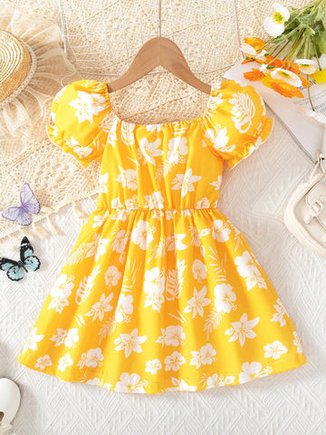 Young Girl's Summer Mini Floral Ruffle Collar Short Puff Sleeve Dress