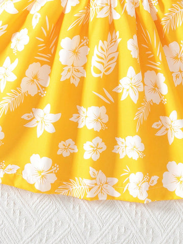 Young Girl's Summer Mini Floral Ruffle Collar Short Puff Sleeve Dress