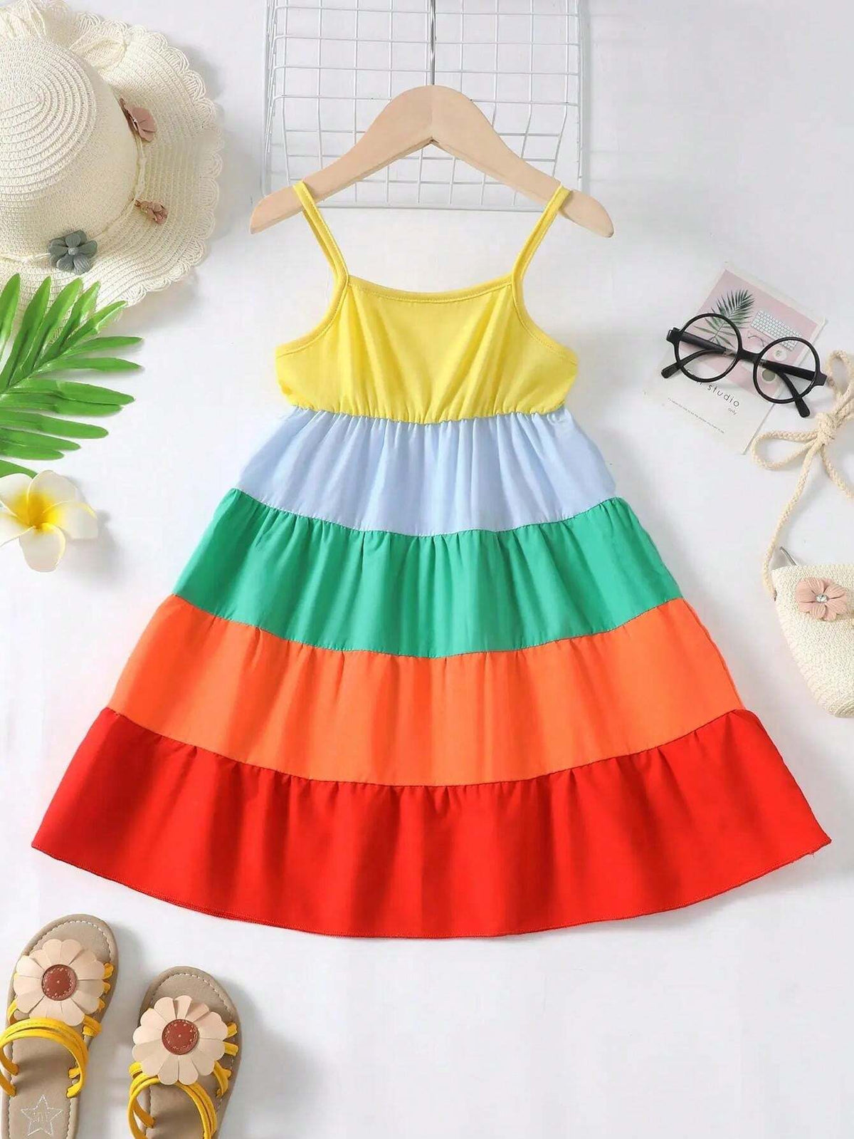 Young Girls' Summer Multi-Color Splicing Spaghetti Strap Dress