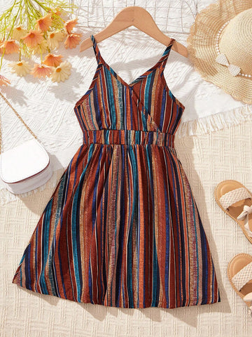 Young Girls' Summer New Arrival Asymmetrical Neckline & Waist Dress With All-Over Print, Slim Fit