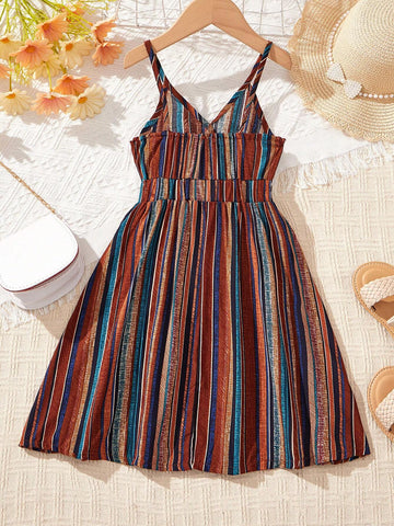 Young Girls' Summer New Arrival Asymmetrical Neckline & Waist Dress With All-Over Print, Slim Fit