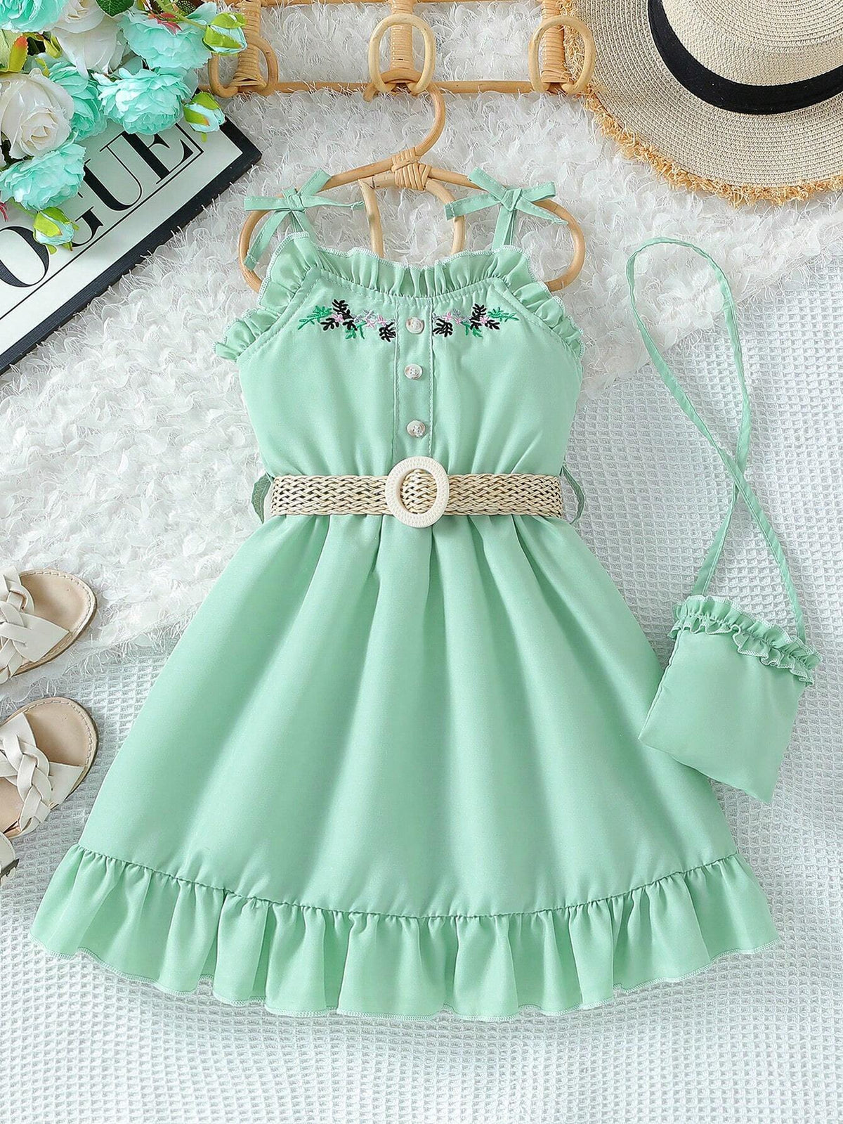 Young Girl's Summer New Arrival Floral Embroidery Cami Dress With Ruffle Hem, Decorative Edge And Belt, Including A Bag