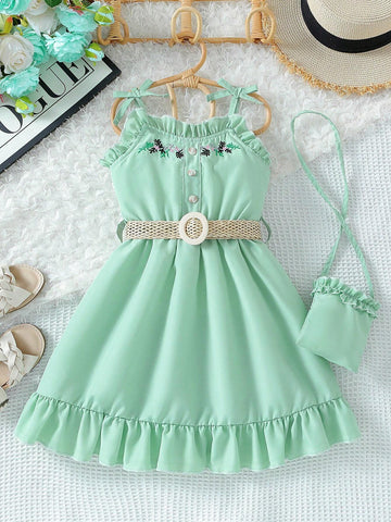Young Girl's Summer New Arrival Floral Embroidery Cami Dress With Ruffle Hem, Decorative Edge And Belt, Including A Bag