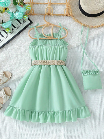 Young Girl's Summer New Arrival Floral Embroidery Cami Dress With Ruffle Hem, Decorative Edge And Belt, Including A Bag