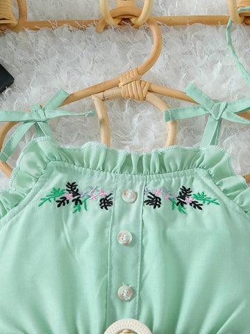 Young Girl's Summer New Arrival Floral Embroidery Cami Dress With Ruffle Hem, Decorative Edge And Belt, Including A Bag