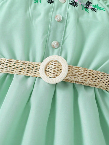 Young Girl's Summer New Arrival Floral Embroidery Cami Dress With Ruffle Hem, Decorative Edge And Belt, Including A Bag