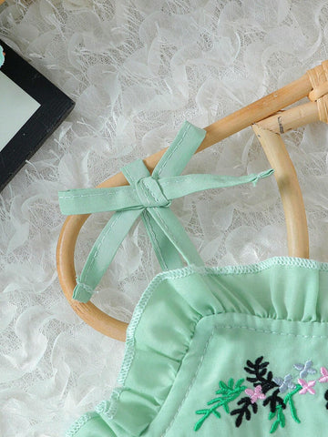 Young Girl's Summer New Arrival Floral Embroidery Cami Dress With Ruffle Hem, Decorative Edge And Belt, Including A Bag