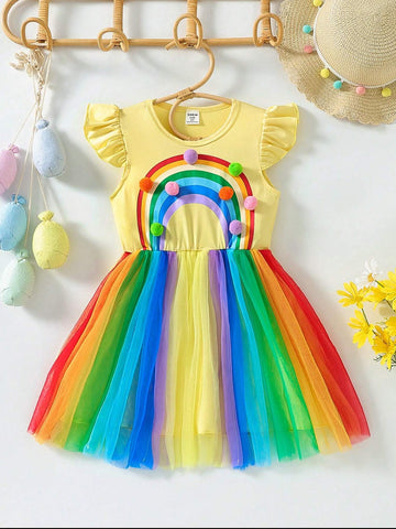 Young Girls' Summer New Arrival Waist Defining Rainbow Printed Mesh Poufy Dress With Ruffle Sleeves