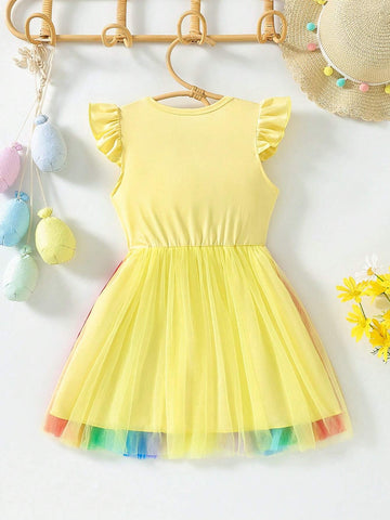 Young Girls' Summer New Arrival Waist Defining Rainbow Printed Mesh Poufy Dress With Ruffle Sleeves
