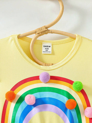 Young Girls' Summer New Arrival Waist Defining Rainbow Printed Mesh Poufy Dress With Ruffle Sleeves