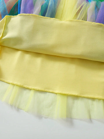 Young Girls' Summer New Arrival Waist Defining Rainbow Printed Mesh Poufy Dress With Ruffle Sleeves