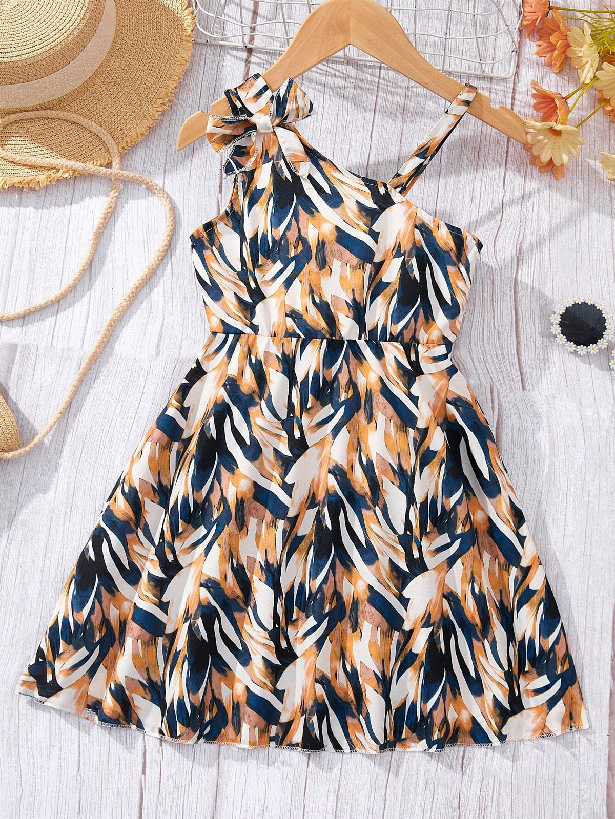 Young Girls' Summer New Arrivals Random Printed Asymmetric Dress
