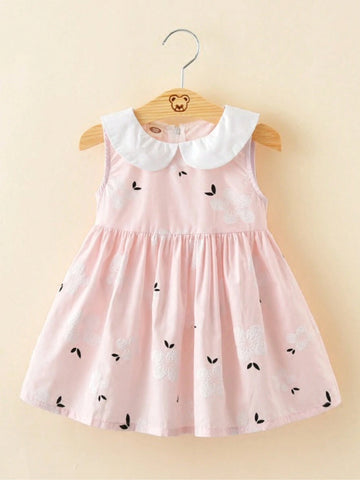 Young Girls' Summer New Color Block Doll Collar Princess Dress With Flower Embroidery