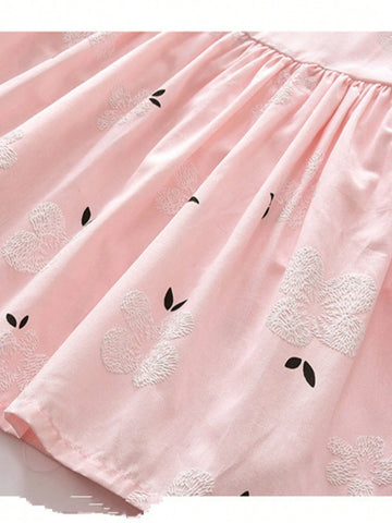 Young Girls' Summer New Color Block Doll Collar Princess Dress With Flower Embroidery