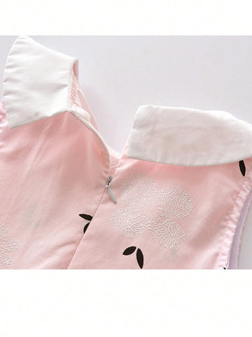 Young Girls' Summer New Color Block Doll Collar Princess Dress With Flower Embroidery
