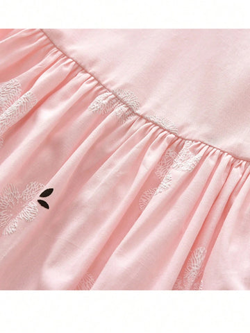 Young Girls' Summer New Color Block Doll Collar Princess Dress With Flower Embroidery
