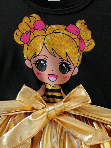 Young Girls' Summer New Cool Style Cartoon Character Print Faux Leather Patchwork Dress With Waist Belt, Including A Bag, 3pcs/Set