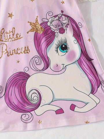 Young Girls' Summer New Cute Cartoon Unicorn Printed Flare Sleeve Round Neck Dress
