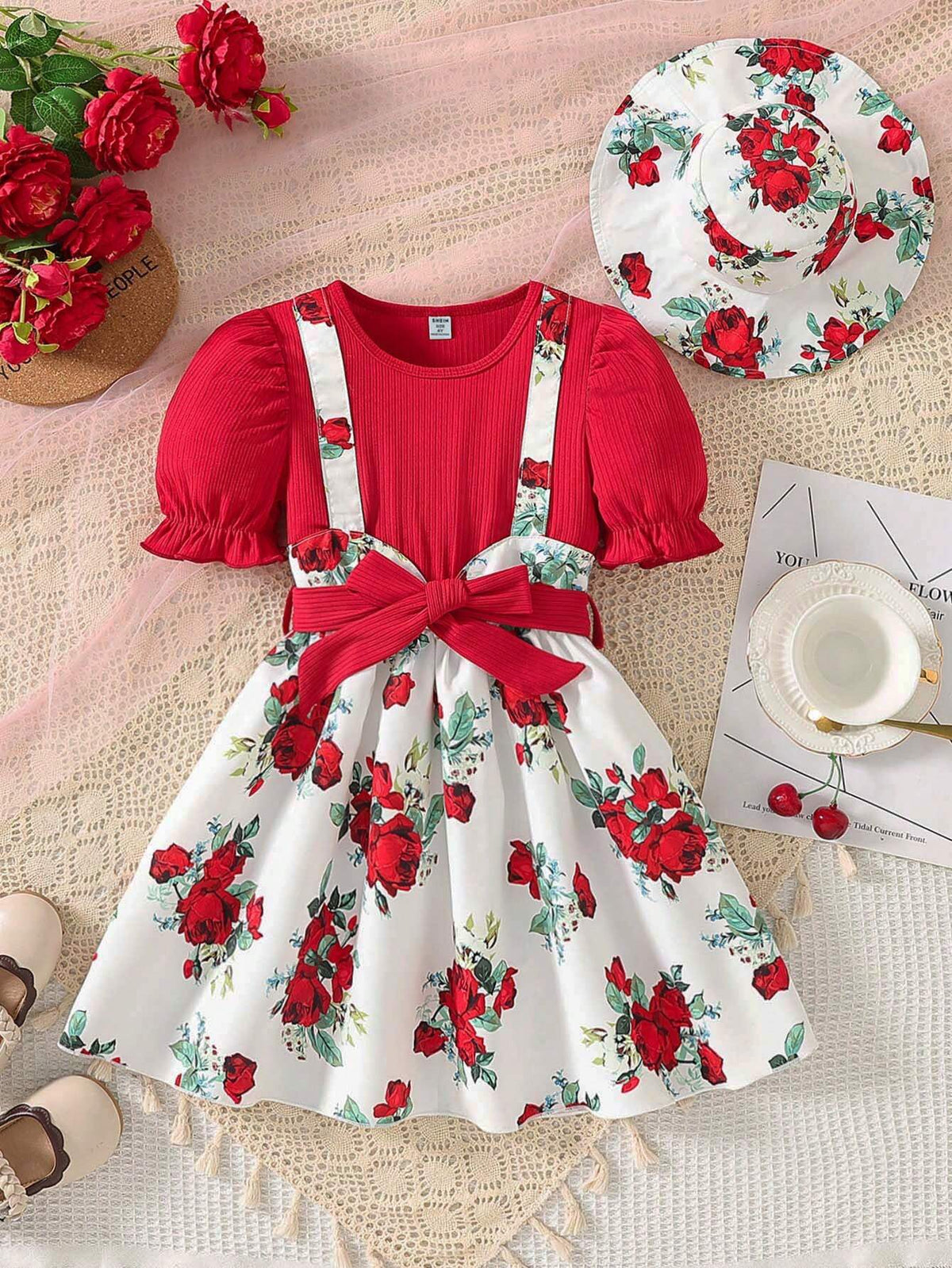 Young Girls' Summer New Flower Print Patchwork Bubble Sleeve Two Pieces Illusion Dress With Hat And Waistband, 3pcs/Set