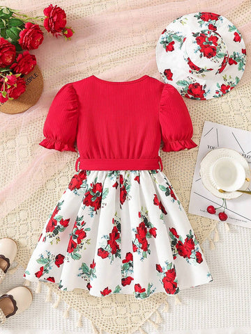 Young Girls' Summer New Flower Print Patchwork Bubble Sleeve Two Pieces Illusion Dress With Hat And Waistband, 3pcs/Set