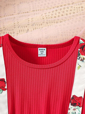 Young Girls' Summer New Flower Print Patchwork Bubble Sleeve Two Pieces Illusion Dress With Hat And Waistband, 3pcs/Set