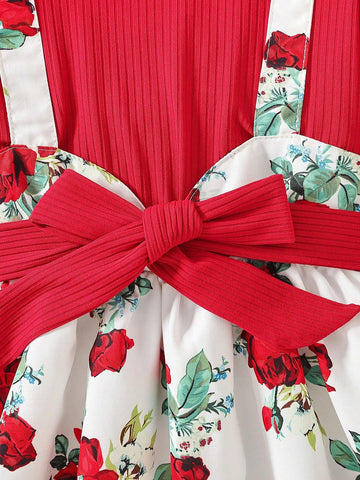 Young Girls' Summer New Flower Print Patchwork Bubble Sleeve Two Pieces Illusion Dress With Hat And Waistband, 3pcs/Set