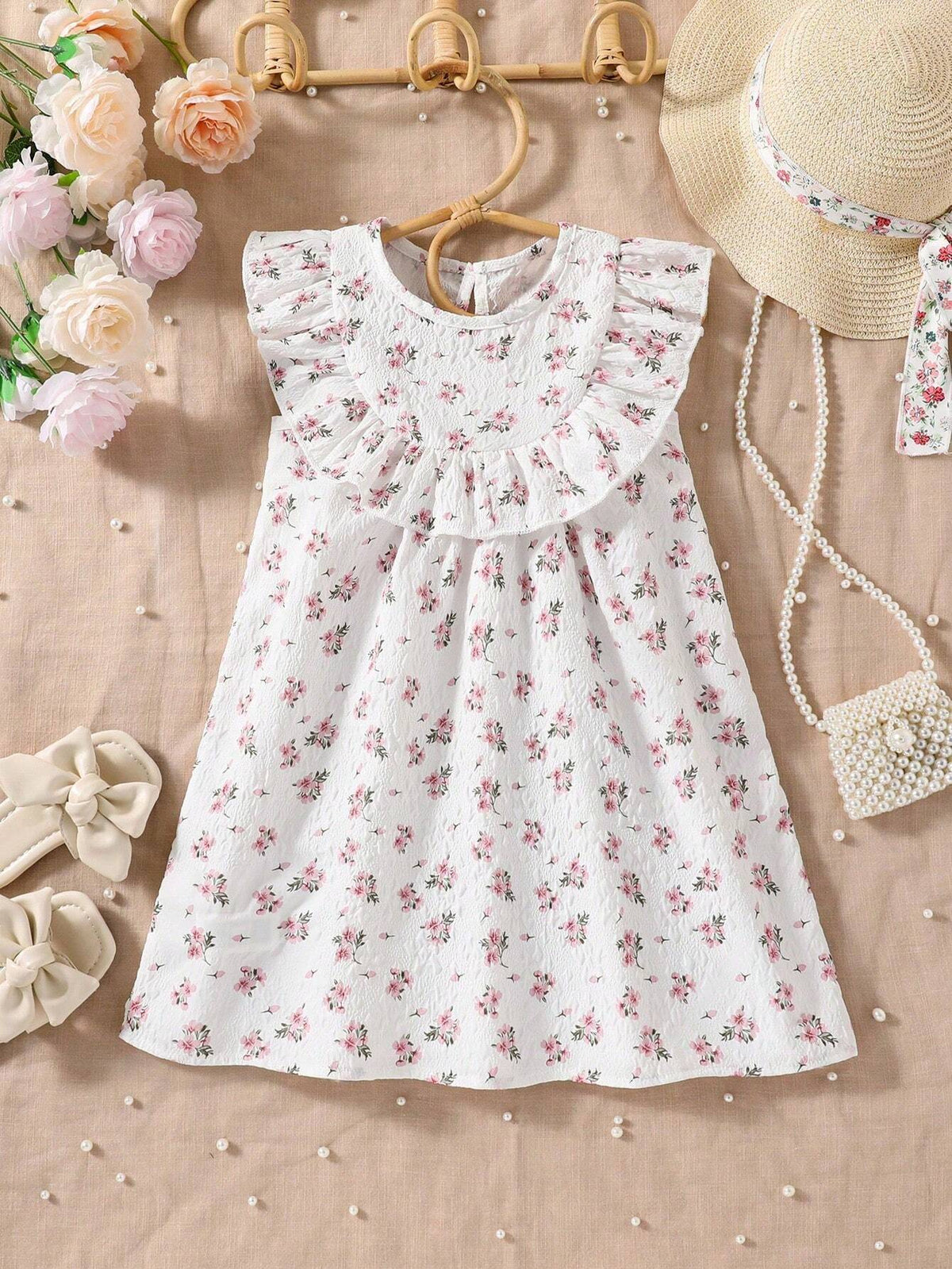 Young Girls" Summer New Korean Style Floral Printed Ruffled Edge Decorated Princess Dress Fashionable Sundress