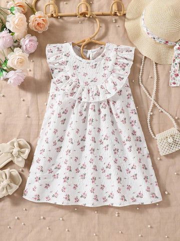 Young Girls" Summer New Korean Style Floral Printed Ruffled Edge Decorated Princess Dress Fashionable Sundress