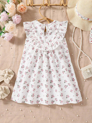 Young Girls" Summer New Korean Style Floral Printed Ruffled Edge Decorated Princess Dress Fashionable Sundress