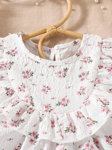 Young Girls" Summer New Korean Style Floral Printed Ruffled Edge Decorated Princess Dress Fashionable Sundress