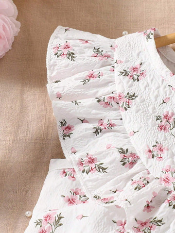 Young Girls" Summer New Korean Style Floral Printed Ruffled Edge Decorated Princess Dress Fashionable Sundress