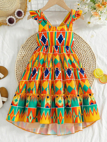 Young Girls' Summer New Style Irregular Dress Hem Camisole Dress With Ruffled Edges