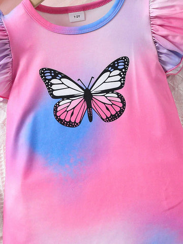 Young Girl's Summer New Tie-Dye Butterfly Printed Casual Dress With Short Sleeve