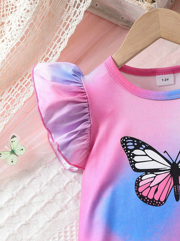 Young Girl's Summer New Tie-Dye Butterfly Printed Casual Dress With Short Sleeve