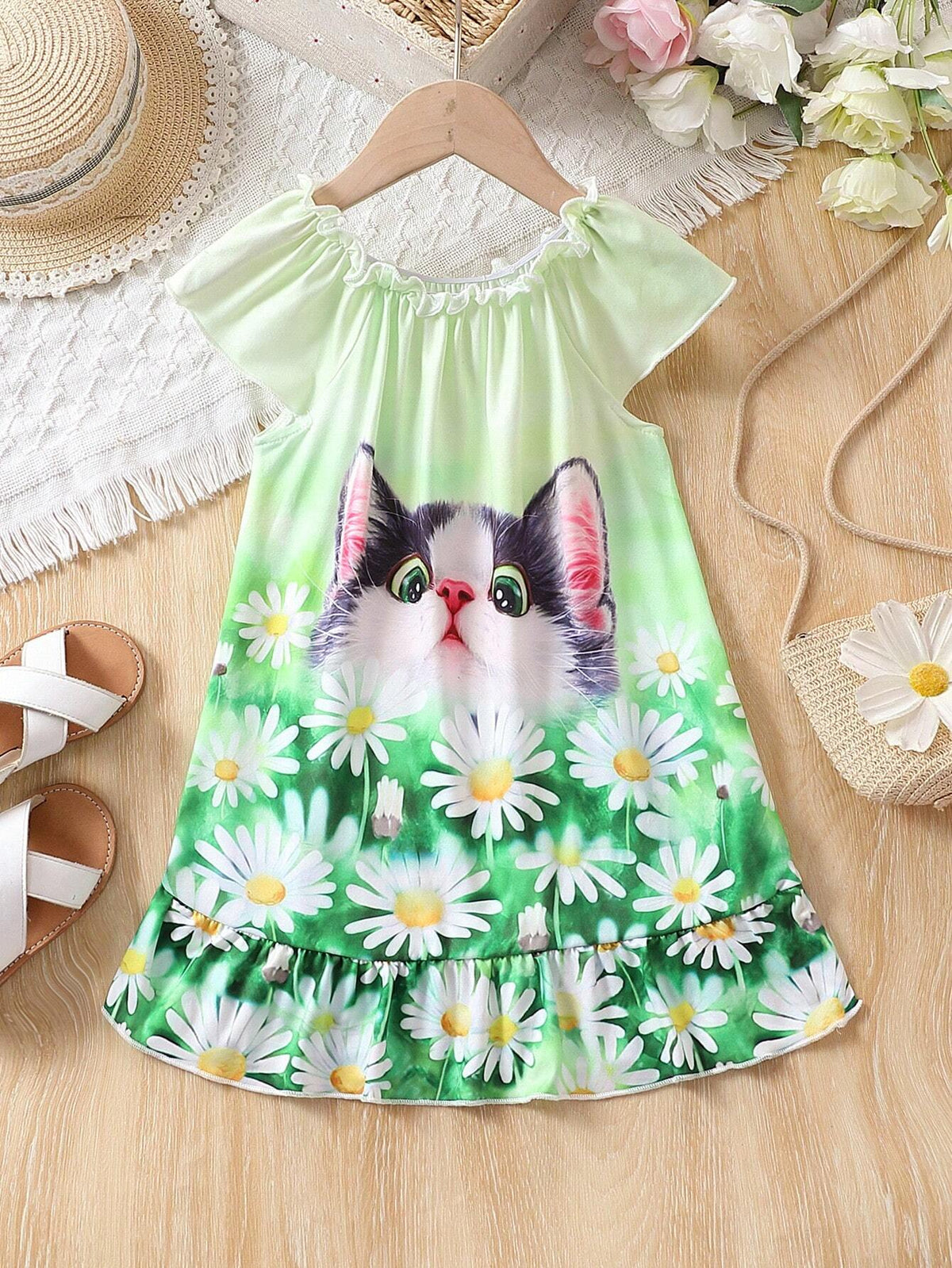 Young Girls' Summer Off-Shoulder Sunflower, Cat Printed Dress With Ruffle Sleeves, Simple Beach Vacation Dress