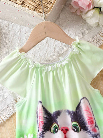 Young Girls' Summer Off-Shoulder Sunflower, Cat Printed Dress With Ruffle Sleeves, Simple Beach Vacation Dress