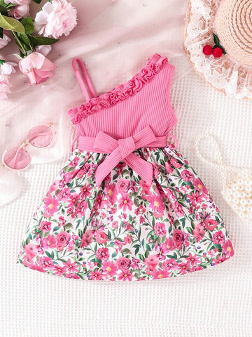 Young Girl's Summer Off Shoulder Ruffle & Floral Print Patchwork Sleeveless Dress