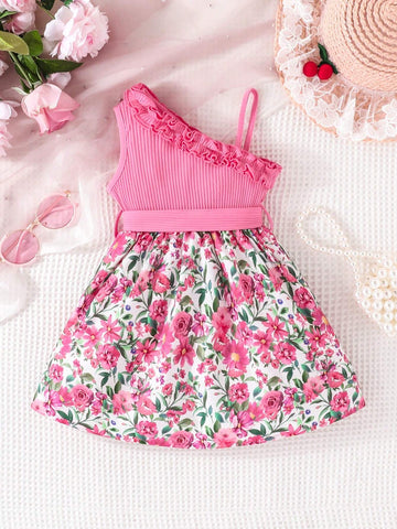 Young Girl's Summer Off Shoulder Ruffle & Floral Print Patchwork Sleeveless Dress
