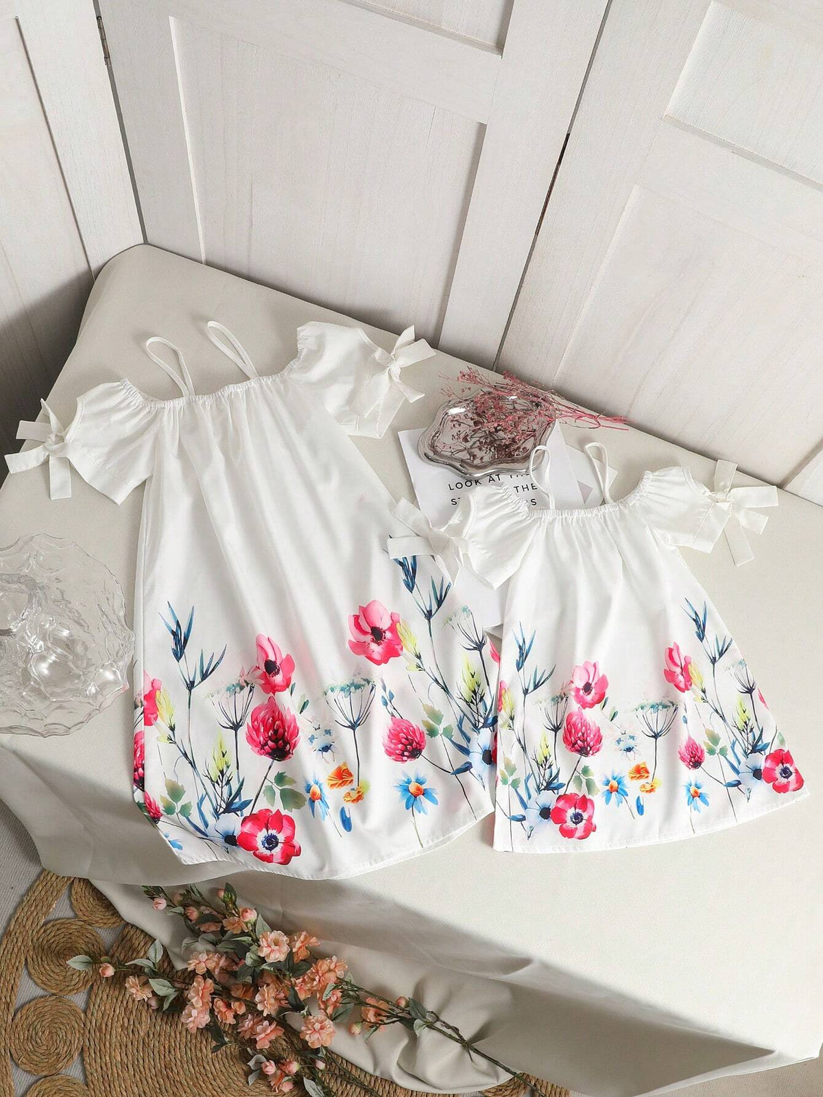 Young Girl's Summer Open Shoulder Short Sleeve Floral Print Loose A-Line Dress