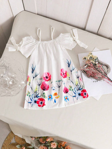Young Girl's Summer Open Shoulder Short Sleeve Floral Print Loose A-Line Dress