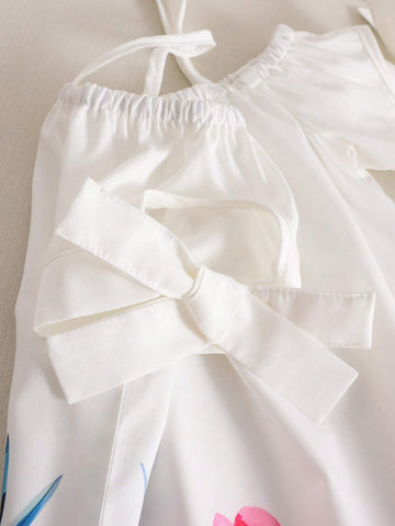 Young Girl's Summer Open Shoulder Short Sleeve Floral Print Loose A-Line Dress