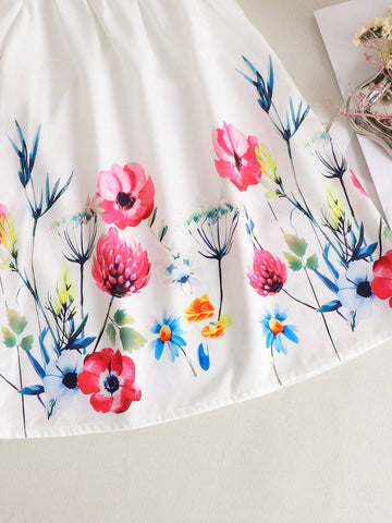 Young Girl's Summer Open Shoulder Short Sleeve Floral Print Loose A-Line Dress