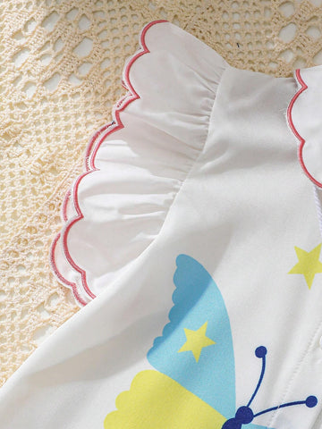 Young Girls' Summer Painted Printed Flutter Sleeve Dress