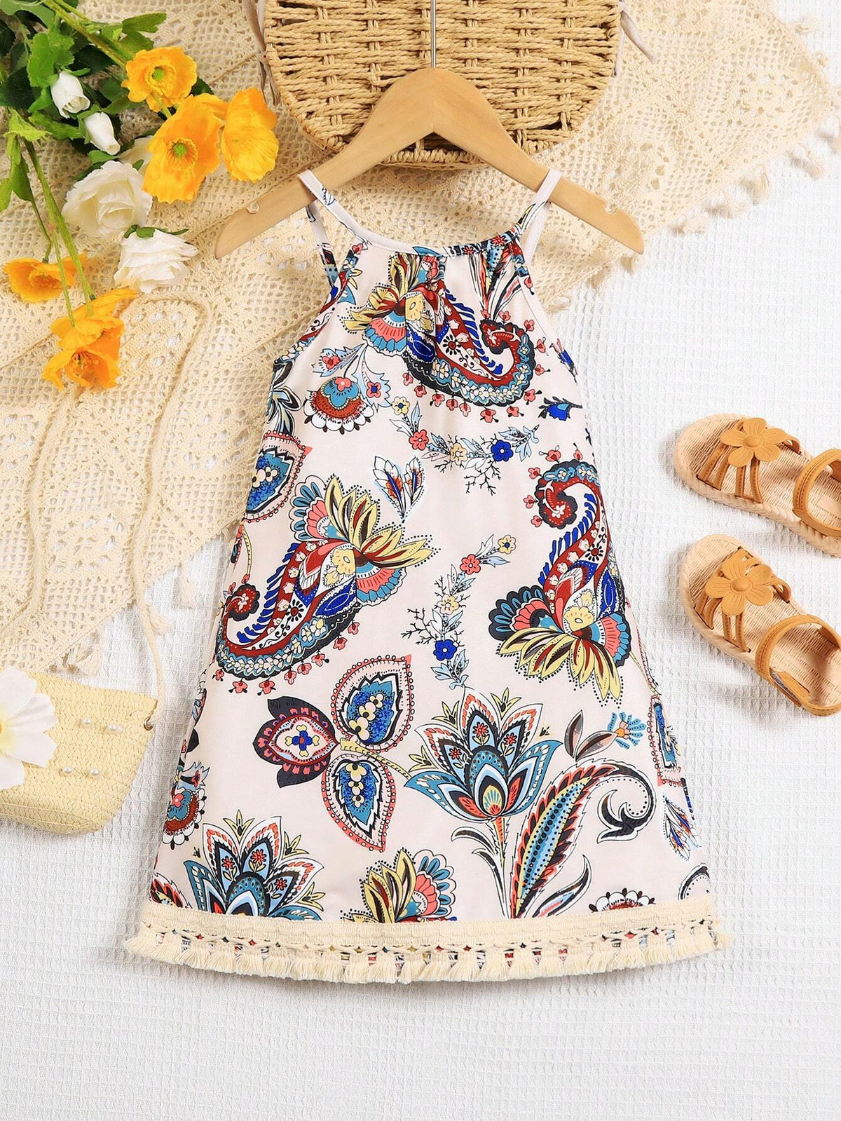 Young Girls' Summer Paisley Print Spaghetti Strap Dress