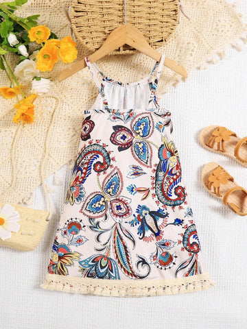 Young Girls' Summer Paisley Print Spaghetti Strap Dress