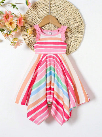 Young Girls" Summer Patchwork Ruffle Hem Colorful Stripe Asymmetrical Dress
