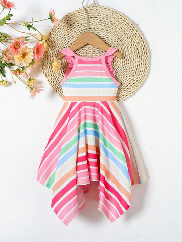 Young Girls" Summer Patchwork Ruffle Hem Colorful Stripe Asymmetrical Dress