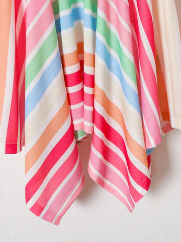 Young Girls" Summer Patchwork Ruffle Hem Colorful Stripe Asymmetrical Dress
