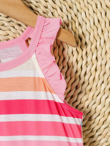Young Girls" Summer Patchwork Ruffle Hem Colorful Stripe Asymmetrical Dress