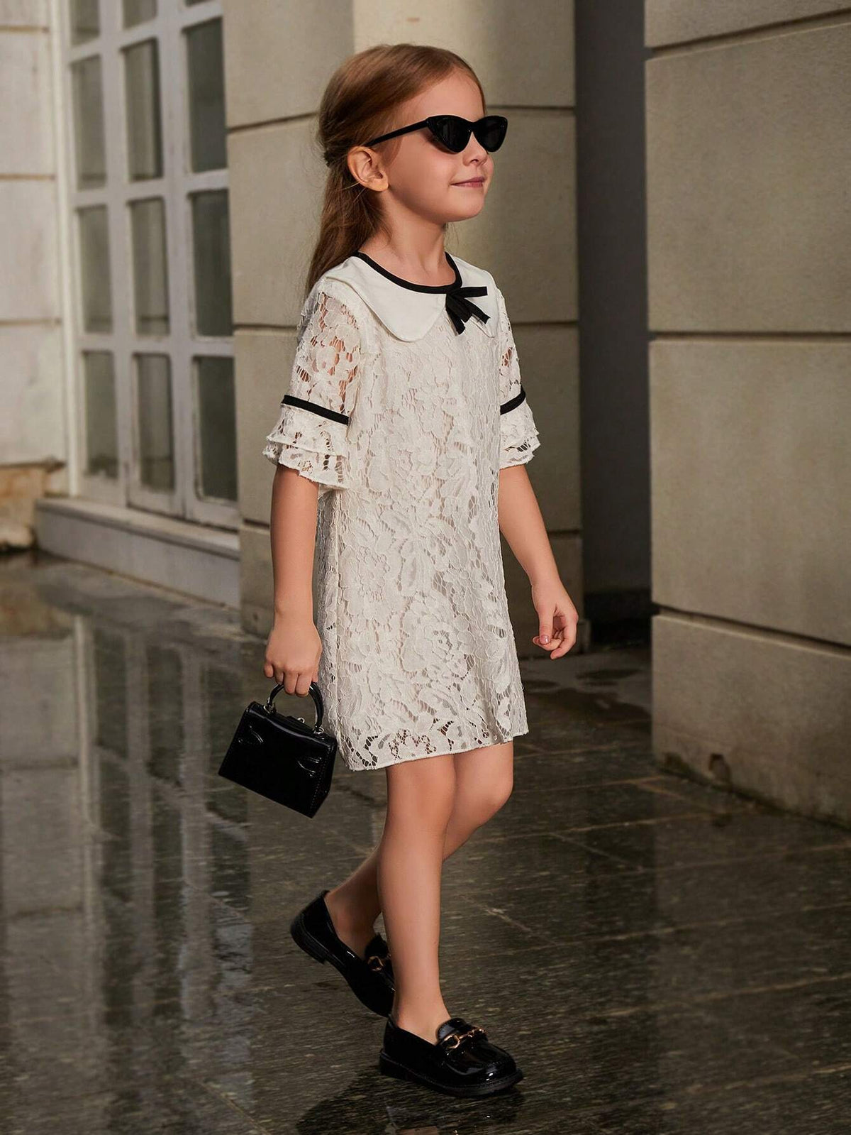 Young Girls' Summer Peter Pan Collar Color-Block Lace Dress With Bow-Knot Decorated Bell Sleeves